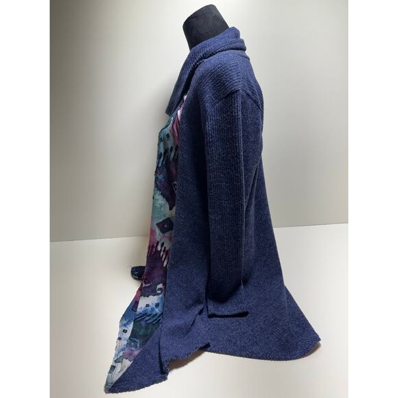Cal Style Blue Purple Mix Media Print Cowl Neck Tunic Sweater Sz Large Boho - Picture 2 of 8